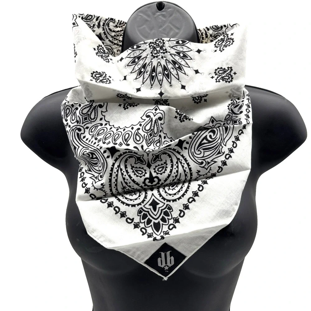 2004 Dust Bandit Handmade White Cotton Bandana Headband w Bling Rhinestones OSFM